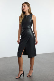 Shop the Atikastyle Black Faux Leather Wrap Midi Dress – a sleeveless, bodycon-style evening dress with a slit hem. Perfect for parties, date nights, and chic nights out.