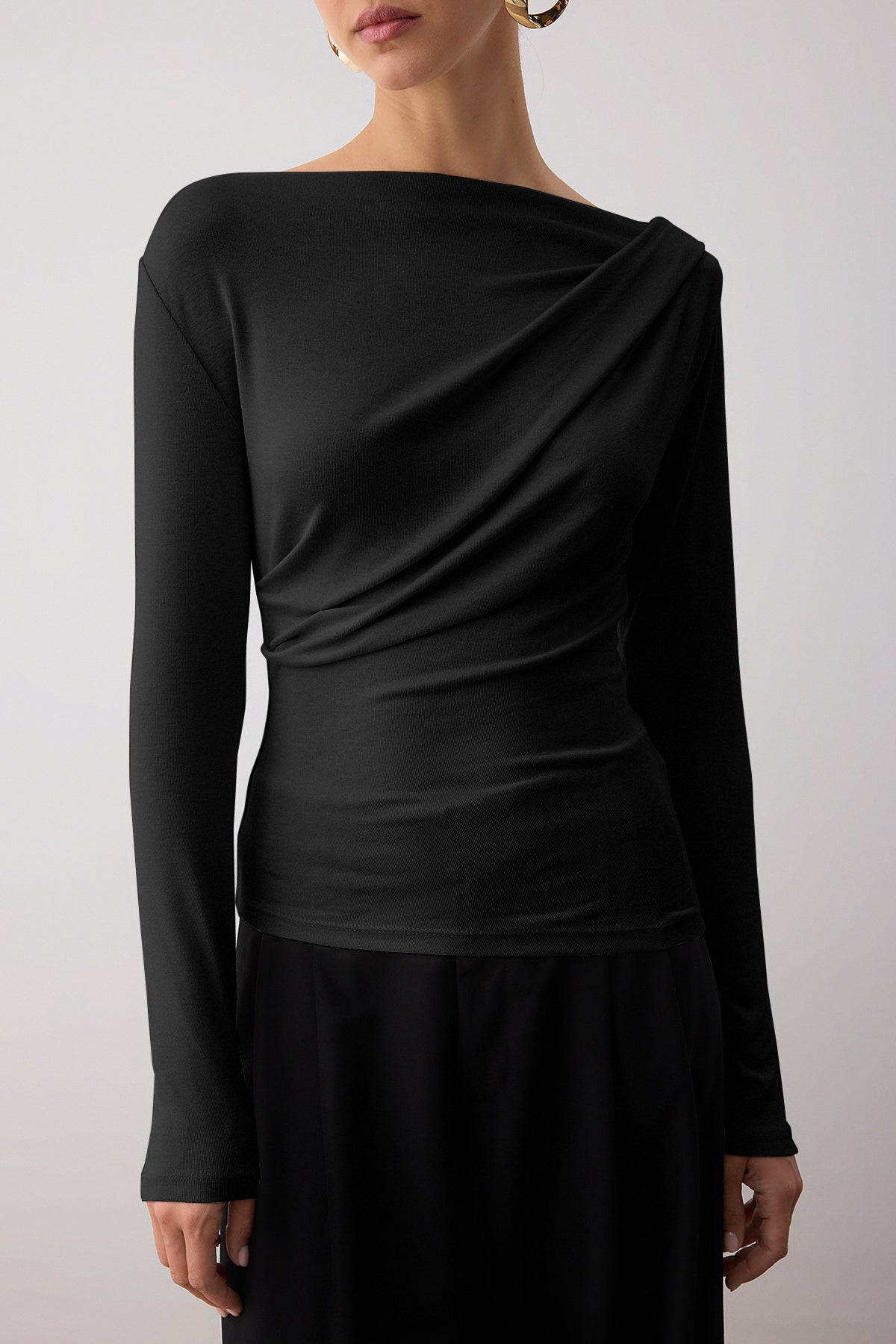 Women's Black Fitted Asymmetric Neck Soft Stretchy Knit Blouse