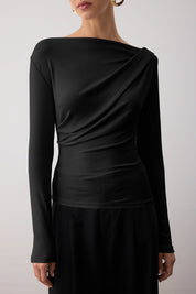 Women's Black Fitted Asymmetric Neck Soft Stretchy Knit Blouse