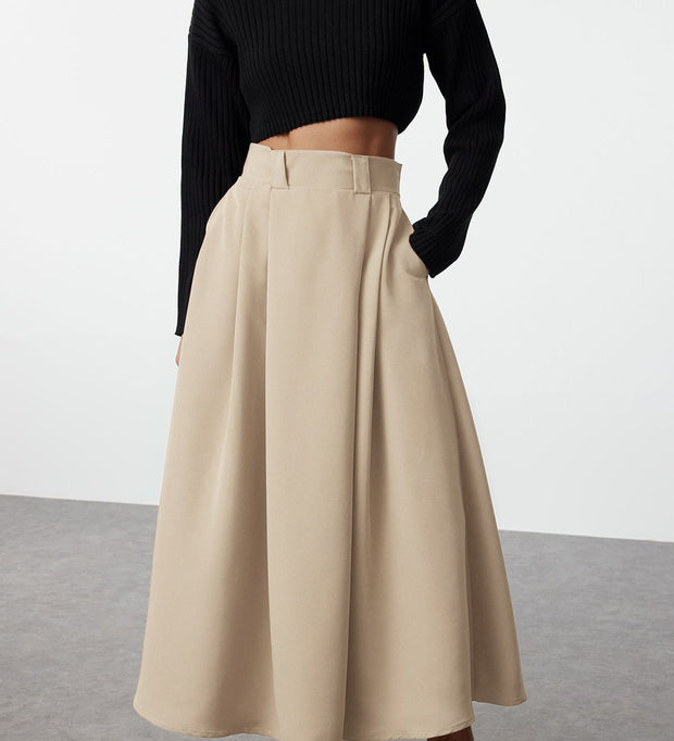 Mink Pleated Maxi Length Woven Skirt