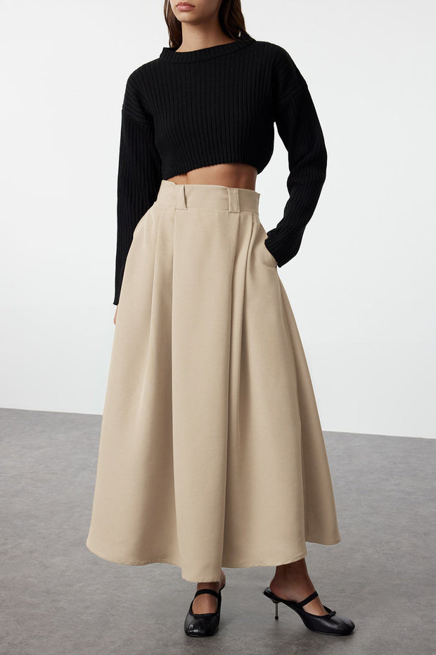 Mink Pleated Maxi Length Woven Skirt