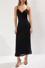 Women’s Black Floral Slip Dress – Lace Trim Midi Cami Dress | Atikastyle