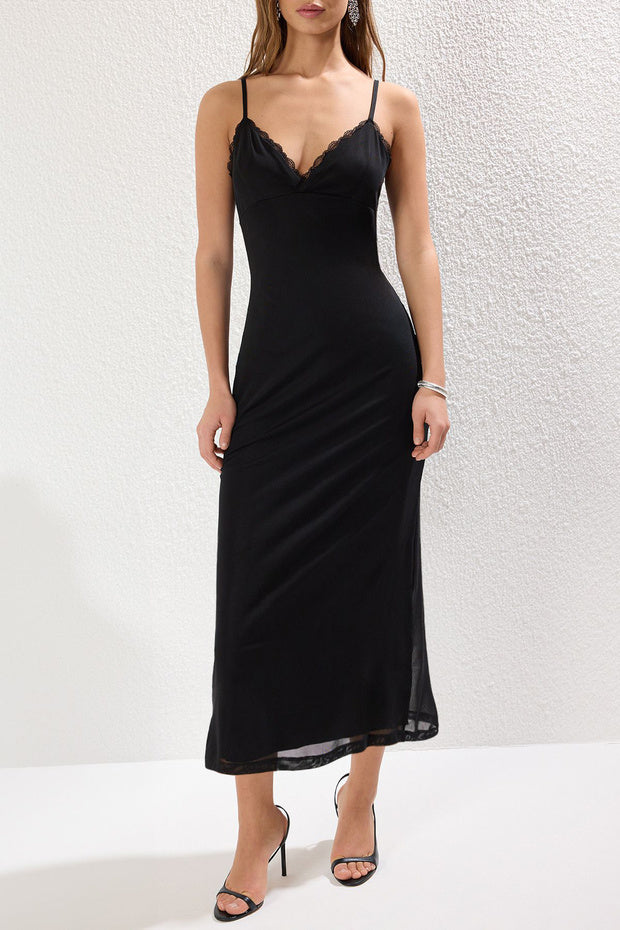 Women’s Black Floral Slip Dress – Lace Trim Midi Cami Dress | Atikastyle