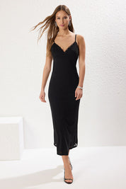 Women’s Black Floral Slip Dress – Lace Trim Midi Cami Dress | Atikastyle