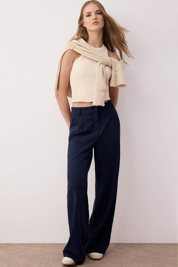 Women’s High-Waisted Beige Wide-Leg Trousers – Tailored Workwear Pants | Atikastyle