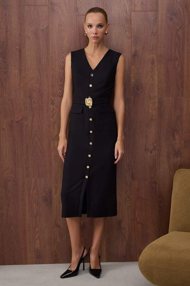 White Sleeveless Button-Front Midi Dress with Belt – AtikaStyle