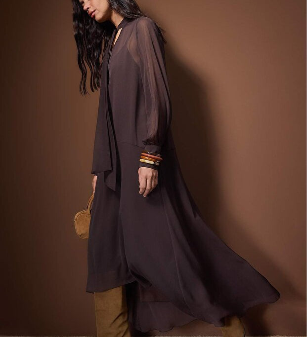 
  Women’s chocolate brown chiffon tie-neck long sleeve midi dress with flowy hem — AtikaStyle”
