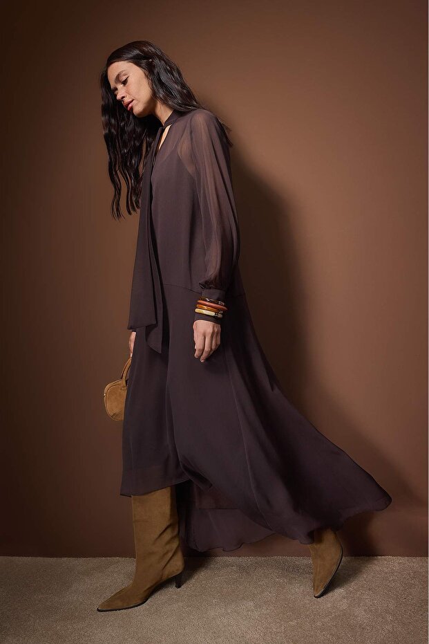 
  Women’s chocolate brown chiffon tie-neck long sleeve midi dress with flowy hem — AtikaStyle”
