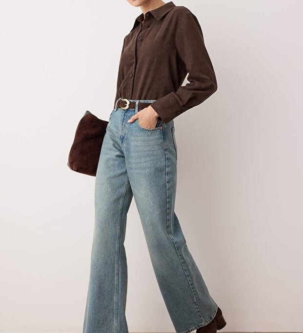 Vintage blue wide‑leg high‑waisted denim jeans — AtikaStyle