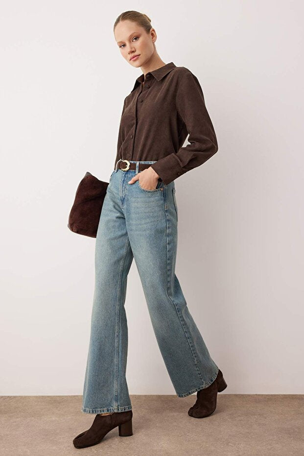 Vintage blue wide‑leg high‑waisted denim jeans — AtikaStyle