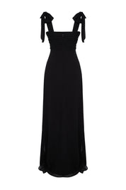 Elegant Black A-Line Chiffon Weave Carmen Neck Flowy Evening Graduation Dress