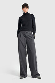 Women’s Charcoal Wide-Leg Trousers | High-Waist Office & Street Style | AtikaStyle
