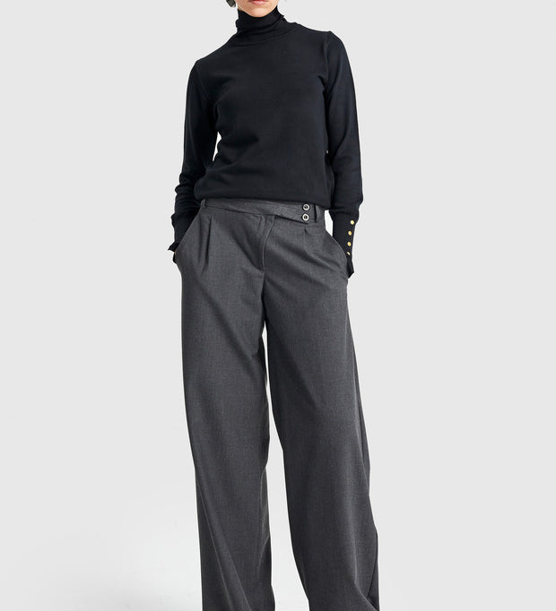 Women’s Charcoal Wide-Leg Trousers | High-Waist Office & Street Style | AtikaStyle
