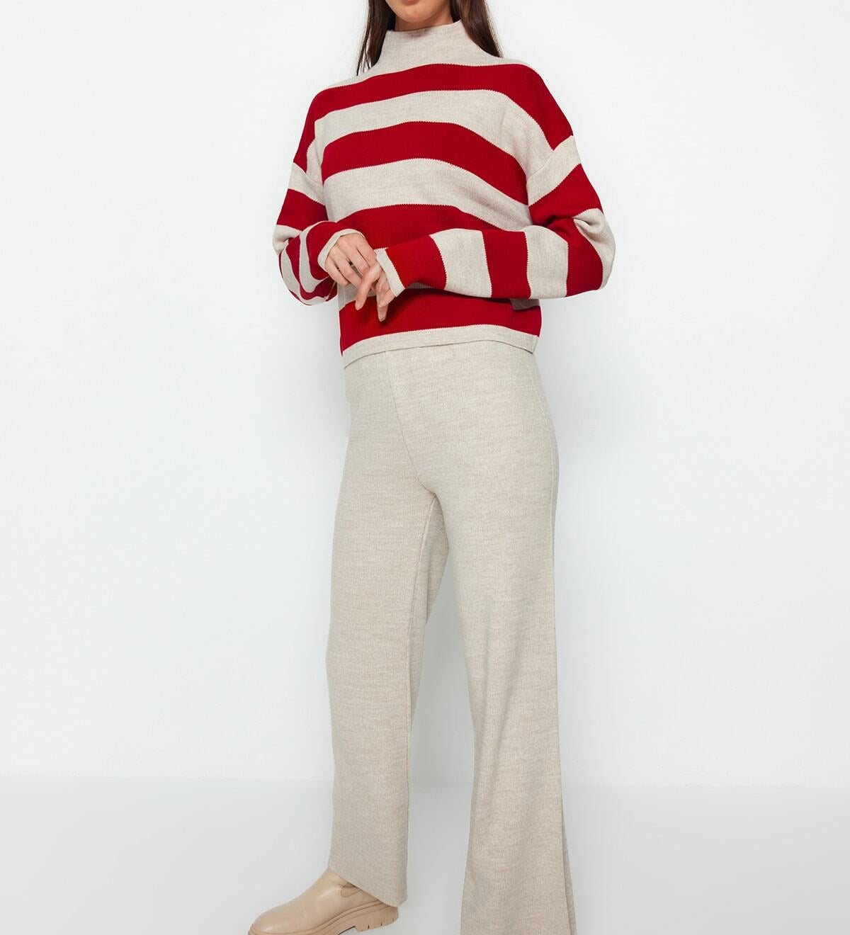 Trendyolmilla Chic Brown Striped Knit Two-Piece Set: Sweater & Wide-Leg Pants