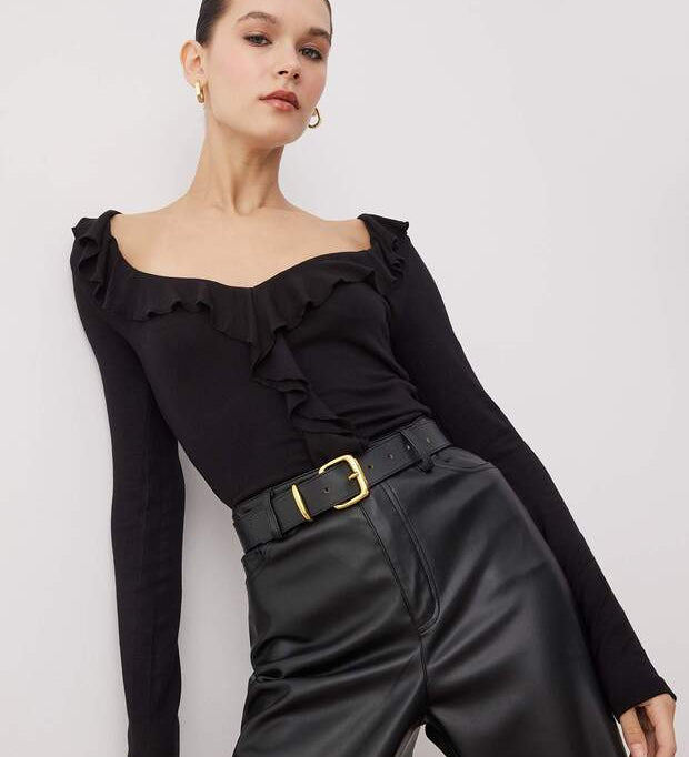 Black ruffle blouse – angled view, V-neck long sleeve