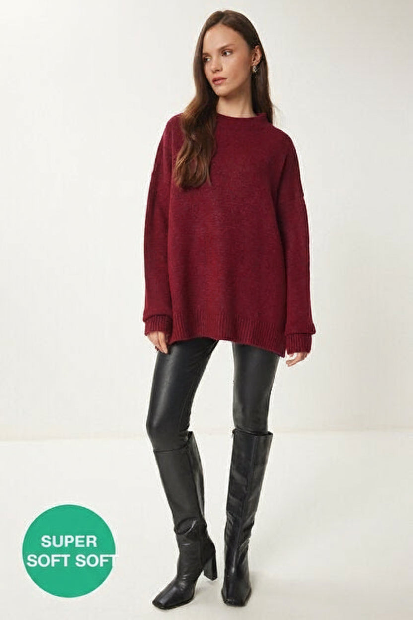 Burgundy Soft-Touch Knit Sweater | Crewneck, Drop-Shoulder, Stretch | AtikaStyle