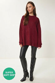 Burgundy Soft-Touch Knit Sweater | Crewneck, Drop-Shoulder, Stretch | AtikaStyle