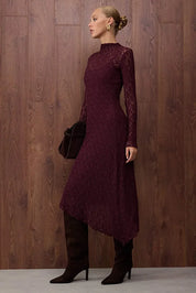 Turn heads in AtikaStyle’s burgundy lace midi dress. Featuring sheer sleeves, a fitted silhouette, and elegant lace detail—perfect for evening wear or special occasions.

