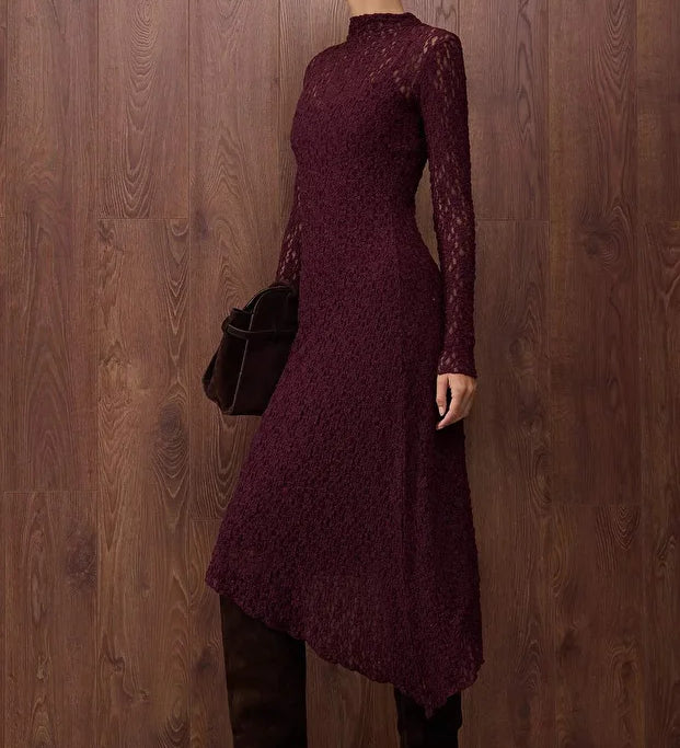 Turn heads in AtikaStyle’s burgundy lace midi dress. Featuring sheer sleeves, a fitted silhouette, and elegant lace detail—perfect for evening wear or special occasions.
