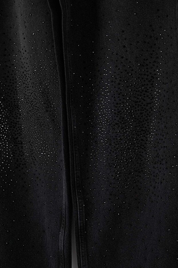 Chic Black Stone Embellished Mid-Rise Wide Leg Denim Jeans