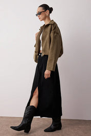 Black Denim Maxi Skirt | High-Waist Slit Skirt for Women – AtikaStyle
