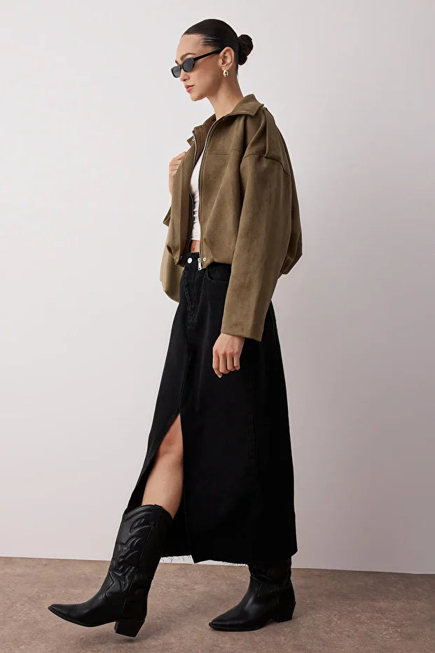 Black Denim Maxi Skirt | High-Waist Slit Skirt for Women – AtikaStyle
