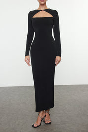 Elegant Black Cut-Out Knitted Maxi Dress for Chic Evening & Prom