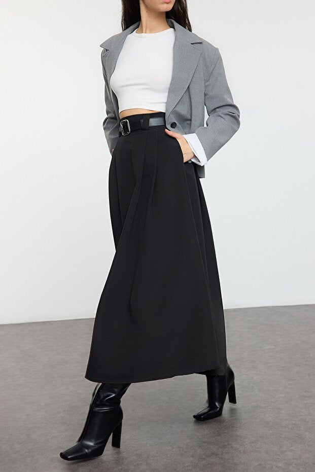 Mink Pleated Maxi Length Woven Skirt
