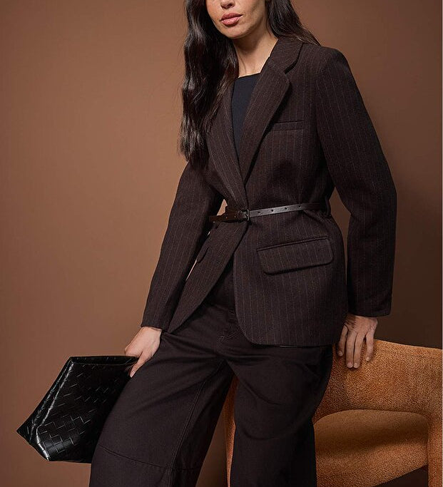  Women’s chocolate brown pinstripe belted blazer with tailored fit — AtikaStyle”
