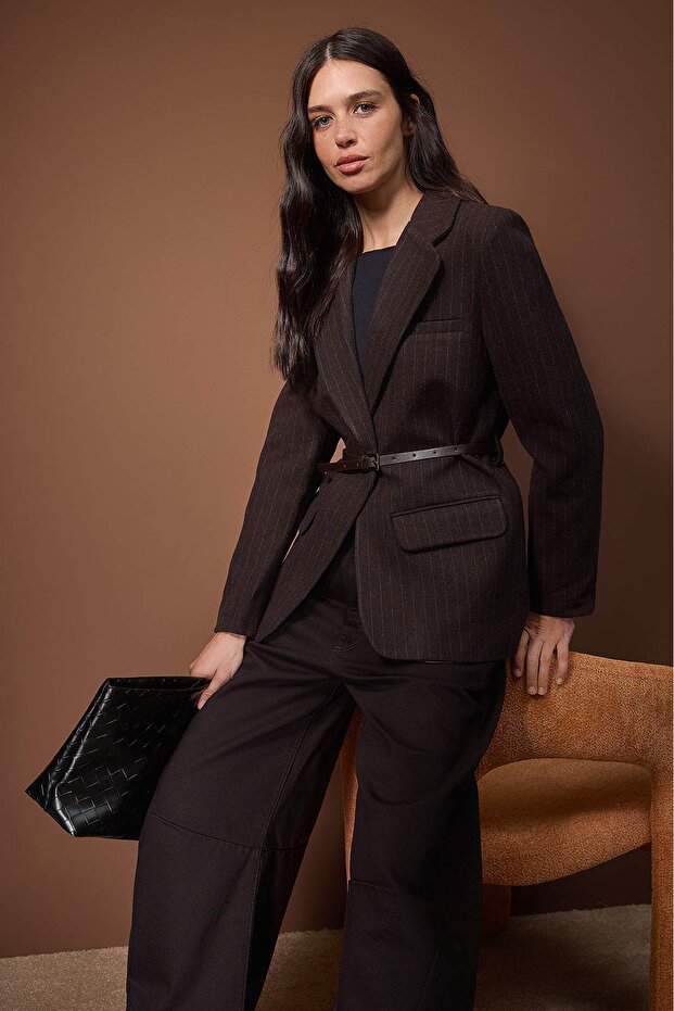  Women’s chocolate brown pinstripe belted blazer with tailored fit — AtikaStyle”
