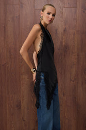 Elegant Black Satin Cowl Neck Asymmetric Party Blouse Trendyolmilla Collection