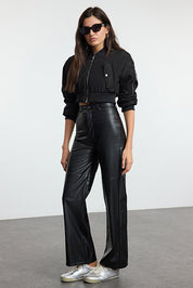 Black faux leather pants, Relaxed flare fit | AtikaStyle