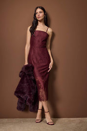    Women’s burgundy satin spaghetti-strap midi dress with lace detailing — AtikaStyle”
