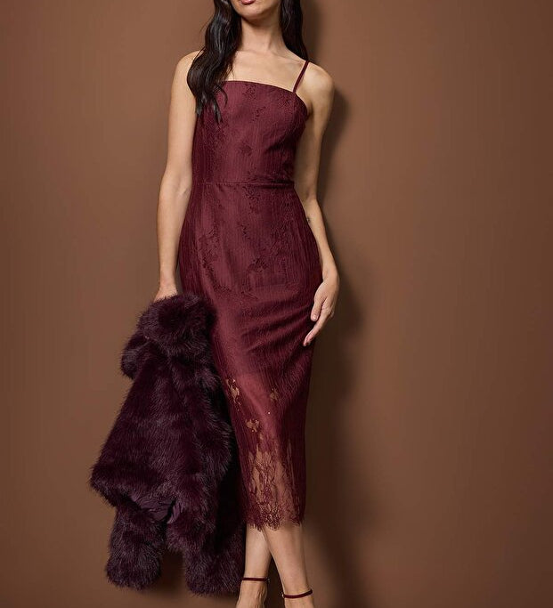    Women’s burgundy satin spaghetti-strap midi dress with lace detailing — AtikaStyle”

