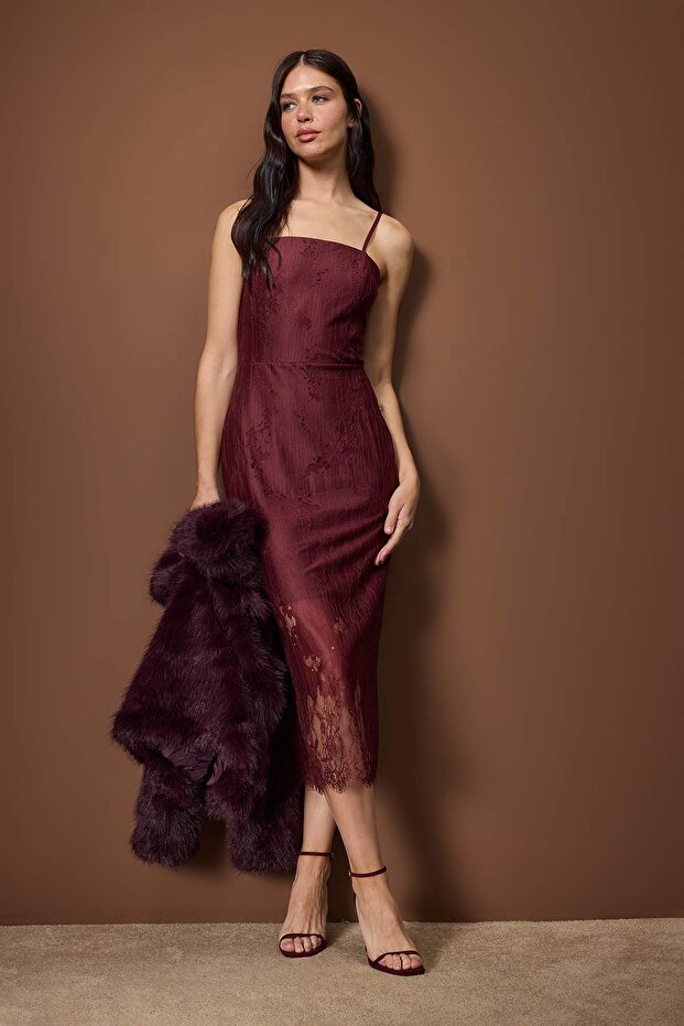    Women’s burgundy satin spaghetti-strap midi dress with lace detailing — AtikaStyle”
