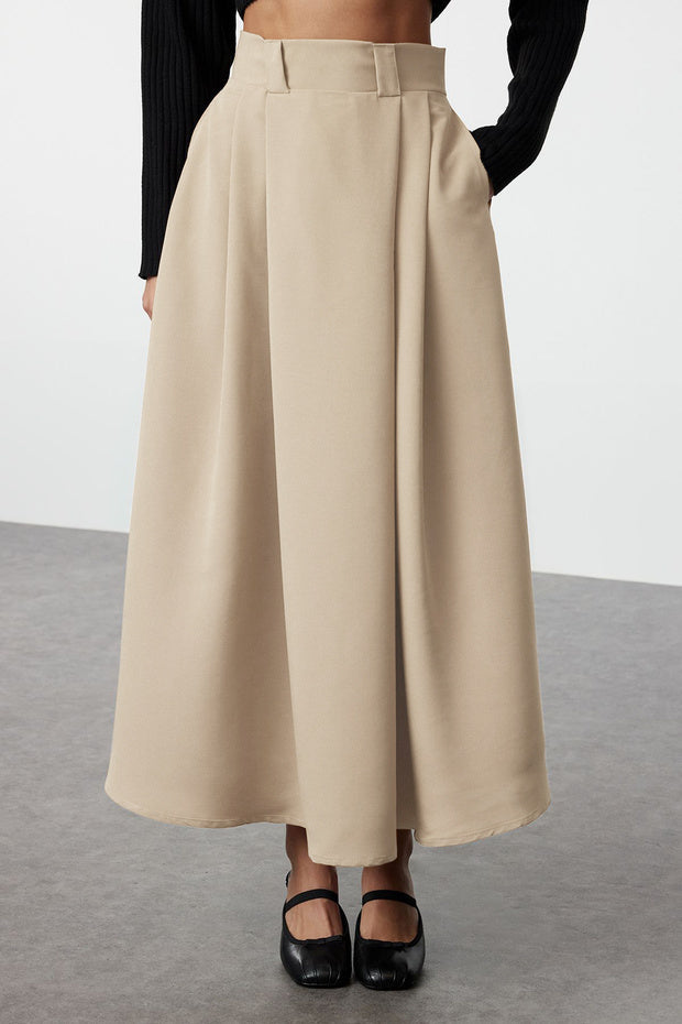 Mink Pleated Maxi Length Woven Skirt