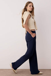 Women’s High-Waisted Beige Wide-Leg Trousers – Tailored Workwear Pants | Atikastyle