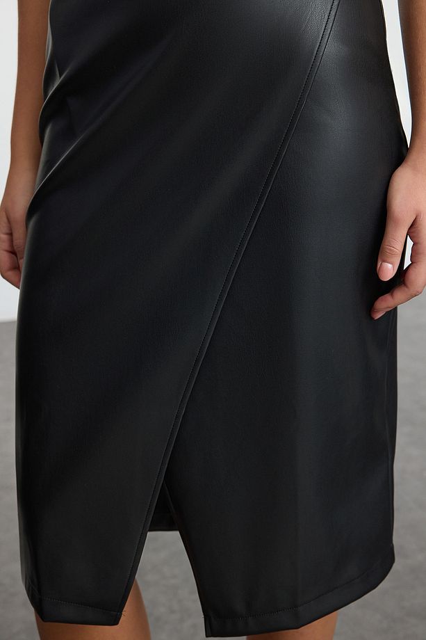 black faux leather dress, Atikastyle party dress, sleeveless wrap midi, women’s chic black evening wear, edgy leather look dress, cocktail midi dress, night out outfit women, bodycon slit dress
