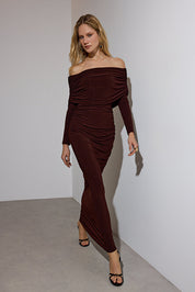 Brown ruched knit maxi dress with Carmen neckline — AtikaStyle