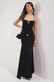 Atikastyle evening dress, black maxi gown, embellished formal dress, women’s gala outfit, black wedding guest dress, starfish detail dress, elegant party gown, 2025 formal fashion