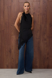 Elegant Black Satin Cowl Neck Asymmetric Party Blouse Trendyolmilla Collection