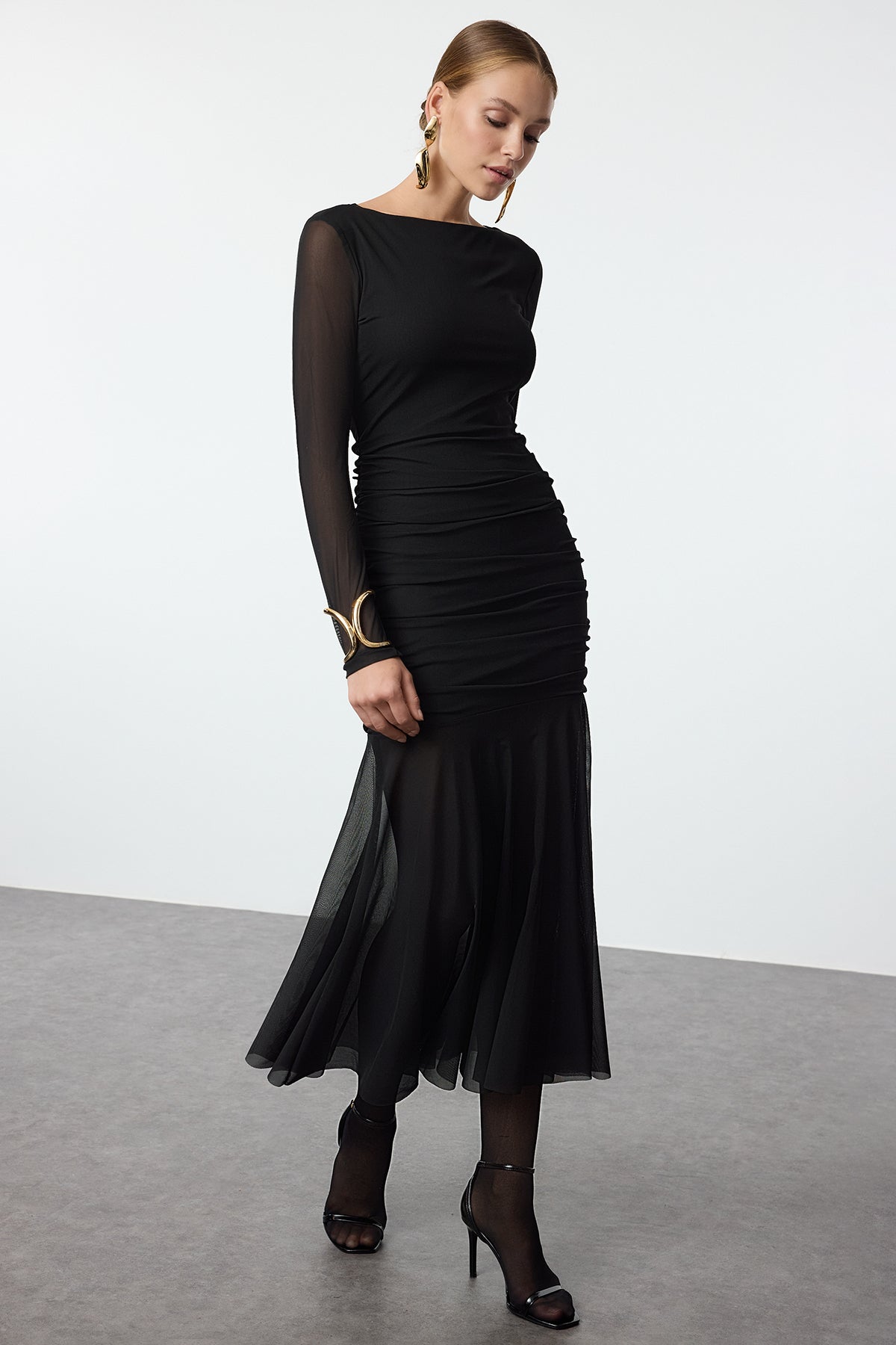 Elegant Black Bodycon Tulle Knit Maxi Dress for Evening & Graduation