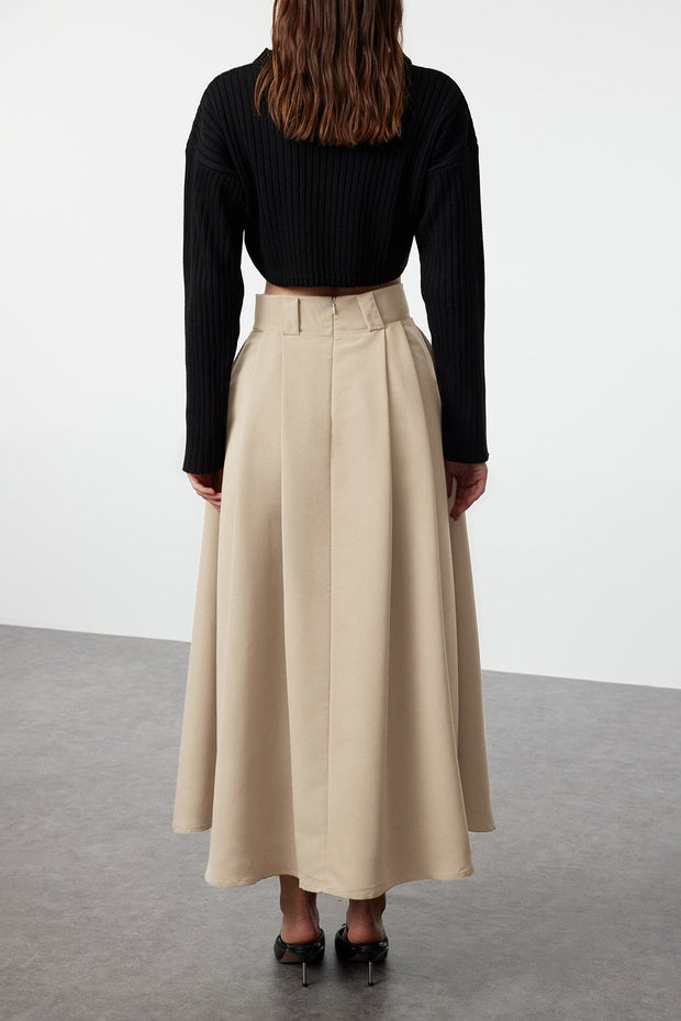 Mink Pleated Maxi Length Woven Skirt