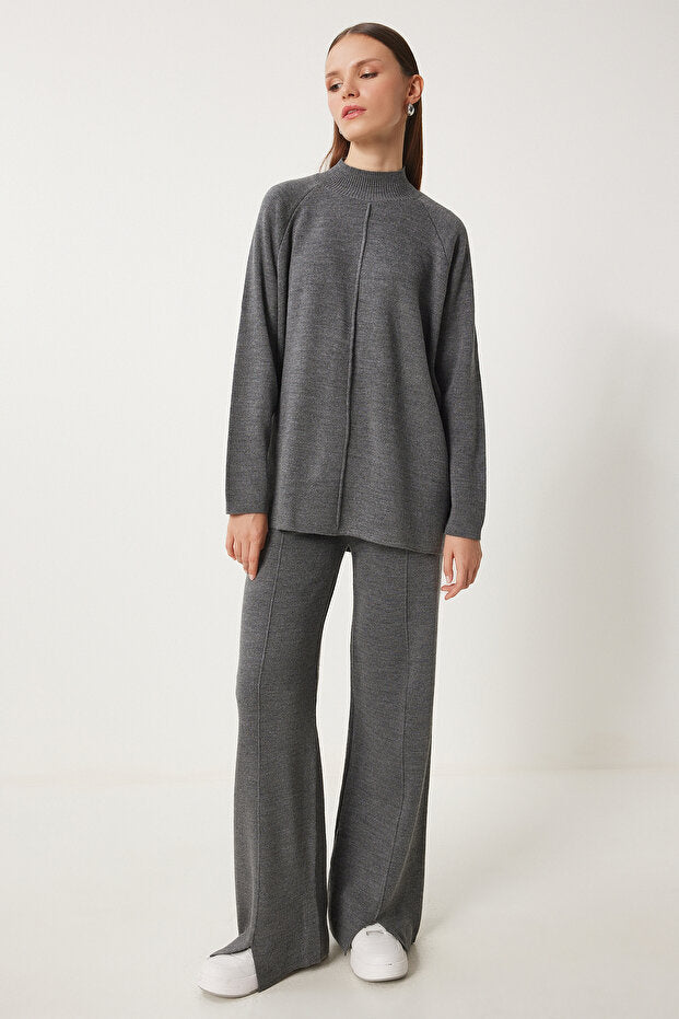 Grey knit sweater & pants set with mock neck and straight-leg pants — AtikaStyle