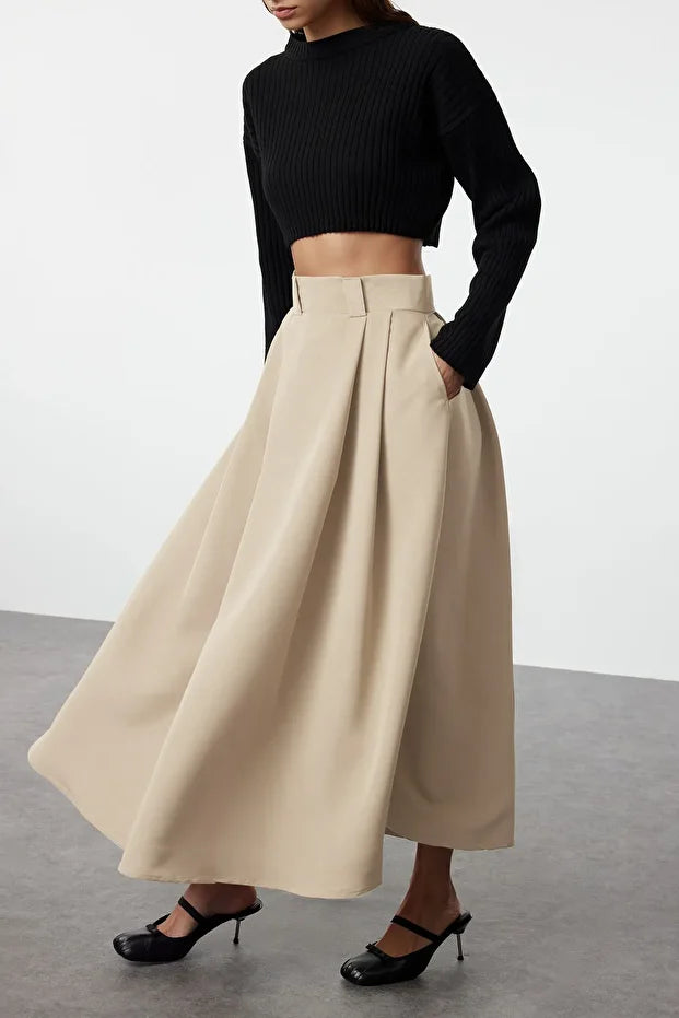 Mink Pleated Maxi Length Woven Skirt