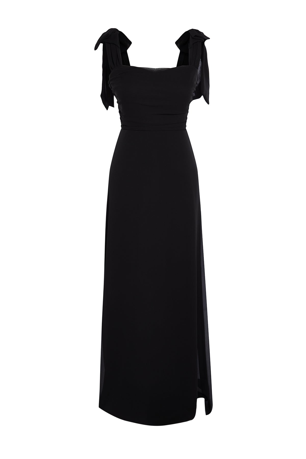 Elegant Black A-Line Chiffon Weave Carmen Neck Flowy Evening Graduation Dress