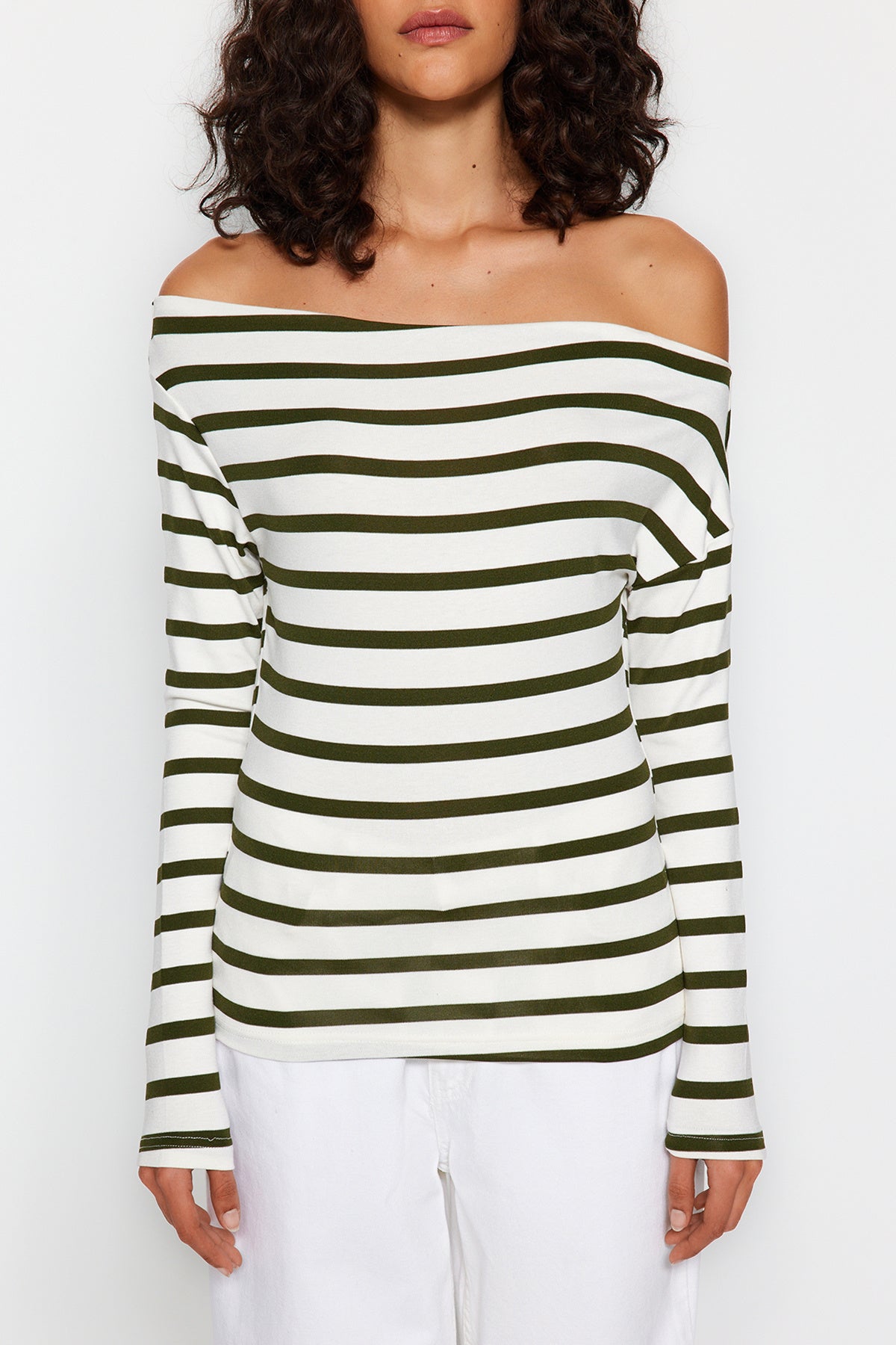 Chic Striped Off-Shoulder Long Sleeve Top – Nautical-Inspired