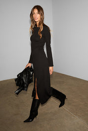 Black Knit Bodycon Maxi Dress | Long Sleeve, Side Slit | AtikaStyle