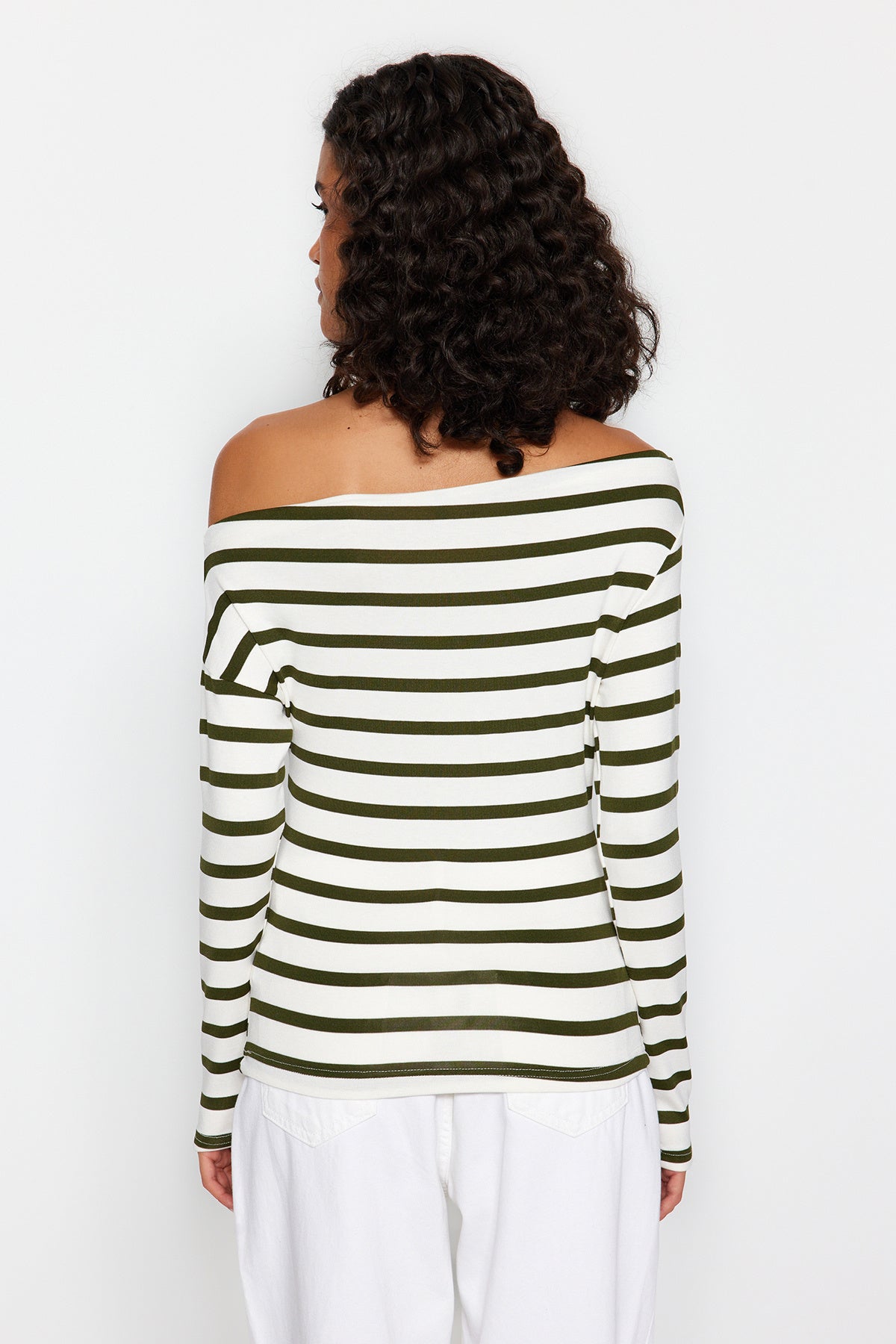 Chic Striped Off-Shoulder Long Sleeve Top – Nautical-Inspired