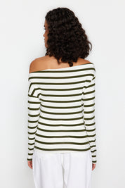 Chic Striped Off-Shoulder Long Sleeve Top – Nautical-Inspired